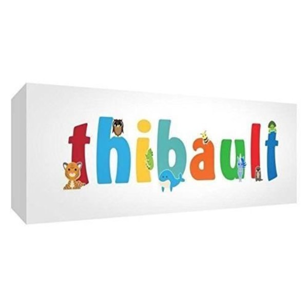 Lille Hjælper Canvas Indslags Galleri Box med Farverig Illustrativ Stil Frontpanel med Ung Drengs Navn Thibault 15 x 42