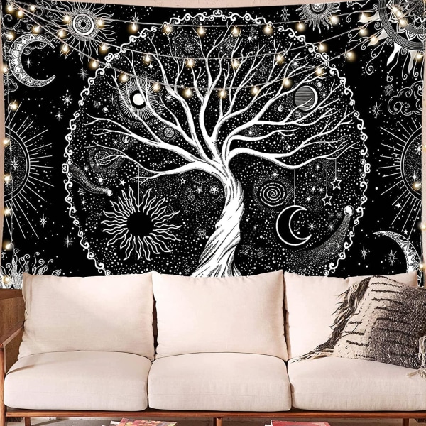 Black and White Starry Tree of Life Tapestry Aesthetic Wall