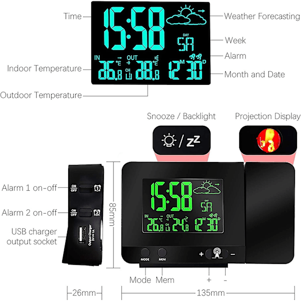 Digital Projektionsvækkeur, Indendørs og Udendørs Temperatur, Vejrudsigt, 12/24h Dag Datovisning, Snooze-funktion, USB-opladningsport, 8 Baggrundsbelysningsfarver