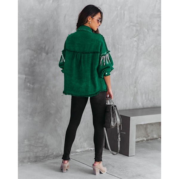 Avslappet denimjakke med frynser for kvinner Green Green-X43- Green M
