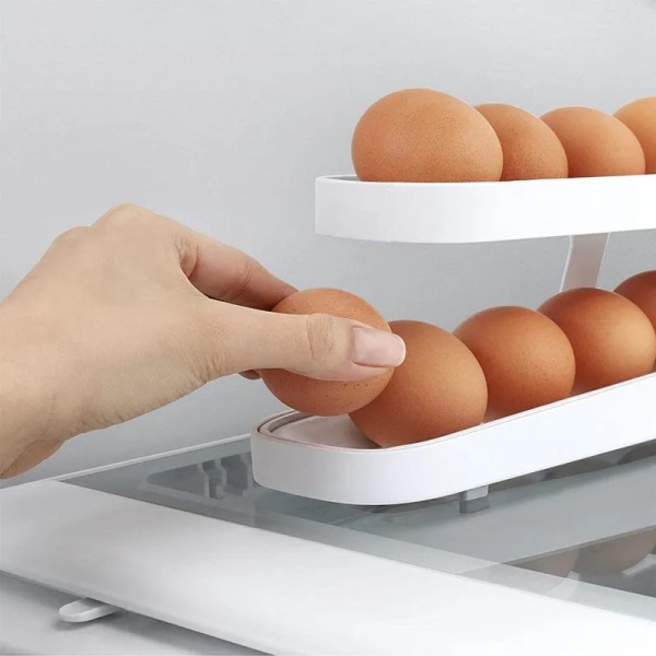 Rullende eggdispenser Kjøleskap Organizatorer Beholder Oppbevaringsboks Automatisk glidende spiral eggestativ Hjemmekjøkken Gadgets White