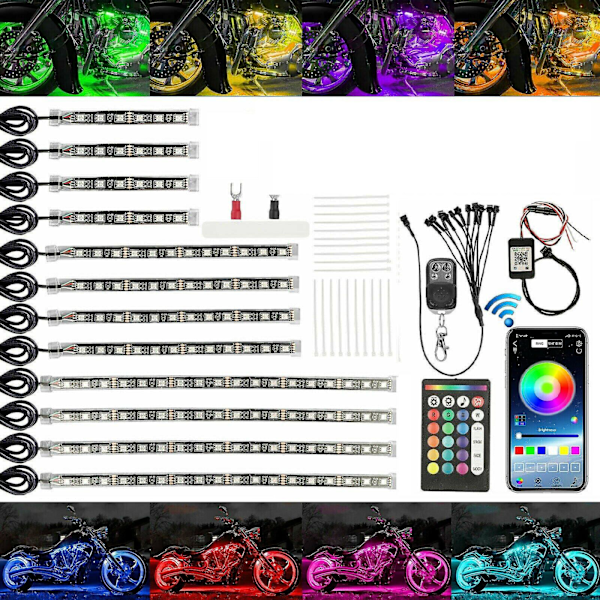 RGB Motorsykkel LED-lys Under Glow Neon Strip Bluetooth App-kontroll Kit