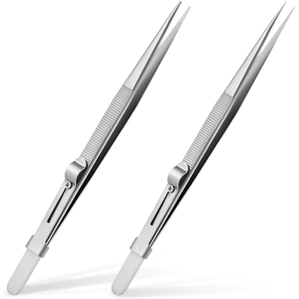 2-pack låsbara antistatiska rostfria precisionspincetter i rostfritt stål