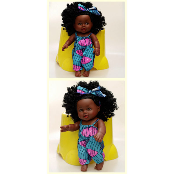 12 tum svart docka (rosa gröna hängslen), babyflicka docka afrikansk