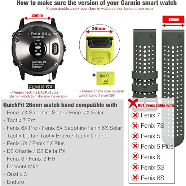 Quickfit 26 mm silikoni pehmeä urheiluranneke vedenpitävä hengittävä ranneke Garmin Fenix 5X Plus, Fenix 6X Pro/Sapphire, Enduro, Tactix Bravo Svartgul