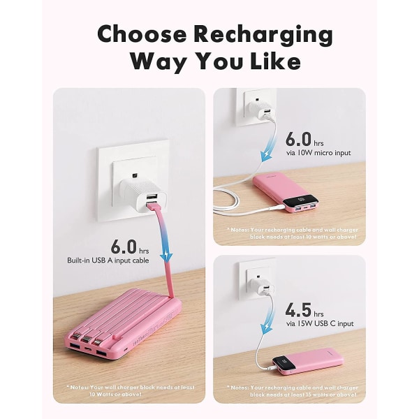 Power med inbyggda kablar X 4, 10000mah USB C-batteripaket 6 utg?ngar 3 ing?ngar med LED-sk?rm Typ C Powerbank Portable Cha