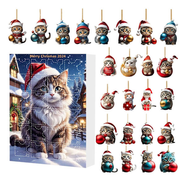 Katte-Adventskalender 2024, 24 Dages Juletræspynt Nedtællingskalender med Søde Kattedukker, Julekalender, Juledekoration til Katteelsker Type A