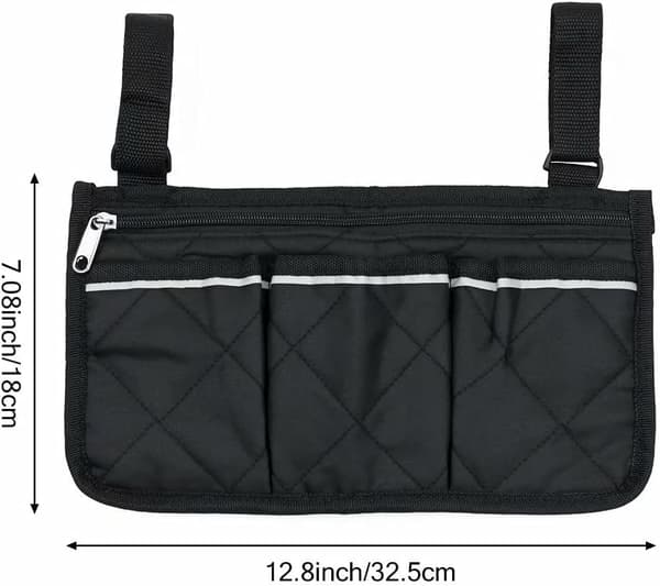 Pyörätuolin laukku (musta, 32,5 x 18 cm) taskuilla, pyörätuoli-FA2-