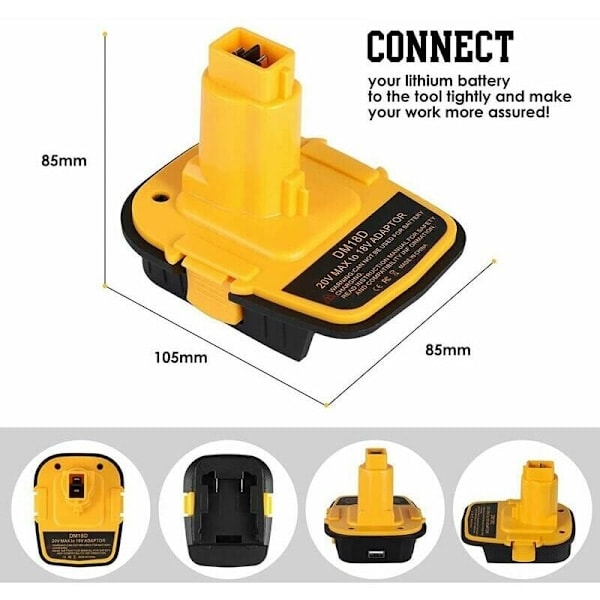 DM18D DCA1820 Batteriadapter med USB-port for Dewalt 20V/18V og Milwaukee M18 18V Litium-ion-batterier, Kompatibel med DCB204 DCB205 Batterier