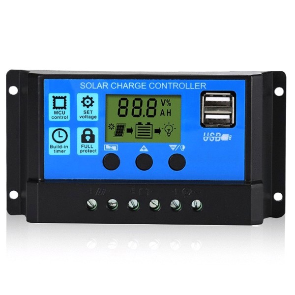 Solcelle PV-laderegulator 30A/20A/10A 12V 24V med LCD-skjerm 30A