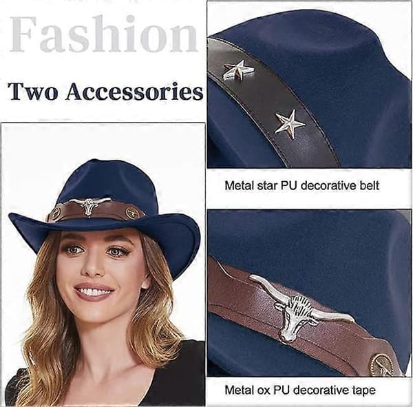 Klassisk cowboyhat til mænd, bredskygget cowboyhat til kvinder, western cowboy-stil hat-FA- Navy blue