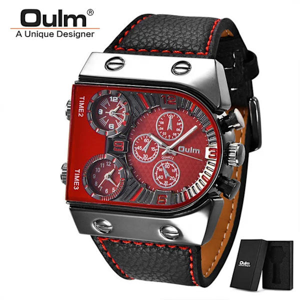 Oulm Klockor Herr Quartz Casual Läderarmband Armbandsur Sport Multi-Time Zone Militär Man Klocka C1(with box)
