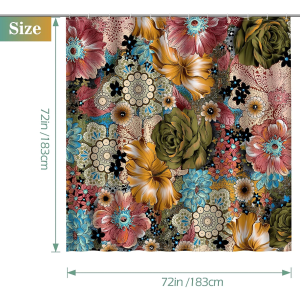 IC Boho Blommigt bruseforhæng Flerfarvede blomster trykt boheme etnisk sæt med 12 kroge til badeværelse, 72\"×72\"