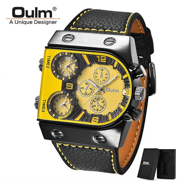 Oulm Klockor Herr Quartz Casual Läderarmband Armbandsur Sport Multi-Time Zone Militär Man Klocka C4(with box)