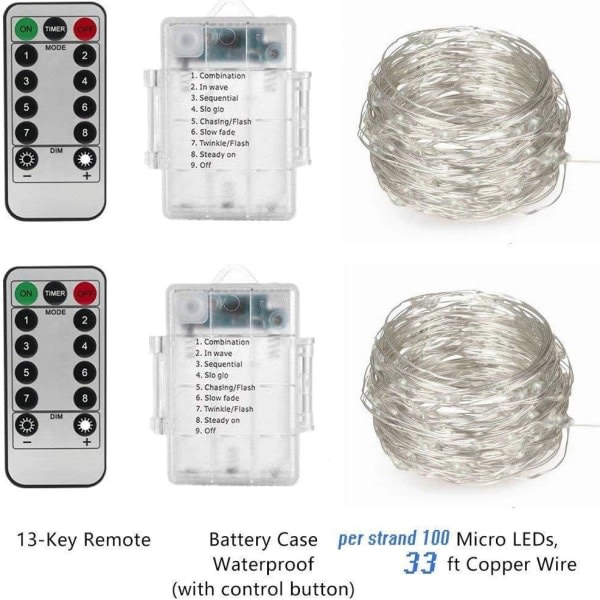 Keiju valosarja, 2 sarjaa 33ft 100 Led keiju valot paristokäyttöinen