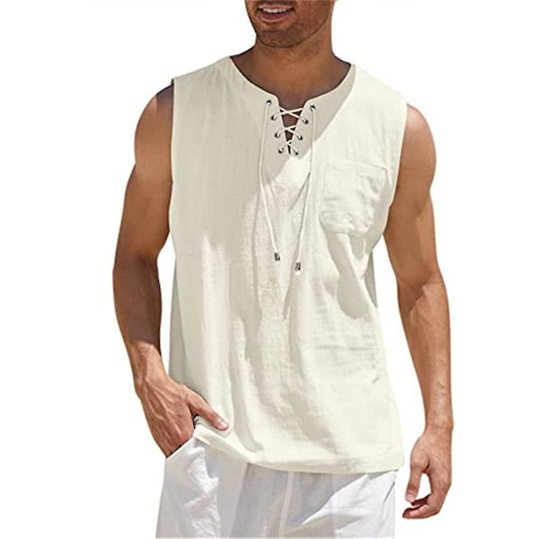 Miesten keskiaikainen renessanssi Viking Pirate Linen-paita Casual Hihaton Nauha Beach Hippie Top Apricot Apricot S