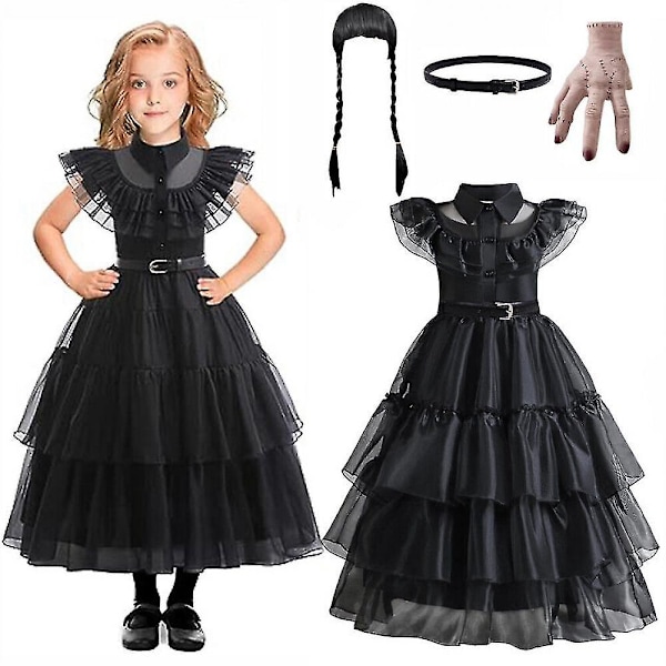 Tyttöjen Addams Familyn Wednesday-asu Halloween-mekko Syntymäpäivämekko Vyö Peruukki Dress Belt Wig 110cm