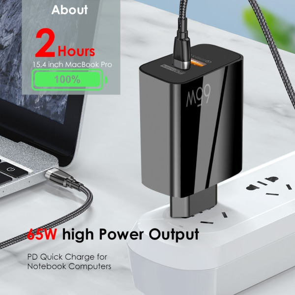 65W GaN Hurtiglader med USB C-kabel, for mobil og MacBook Pro
