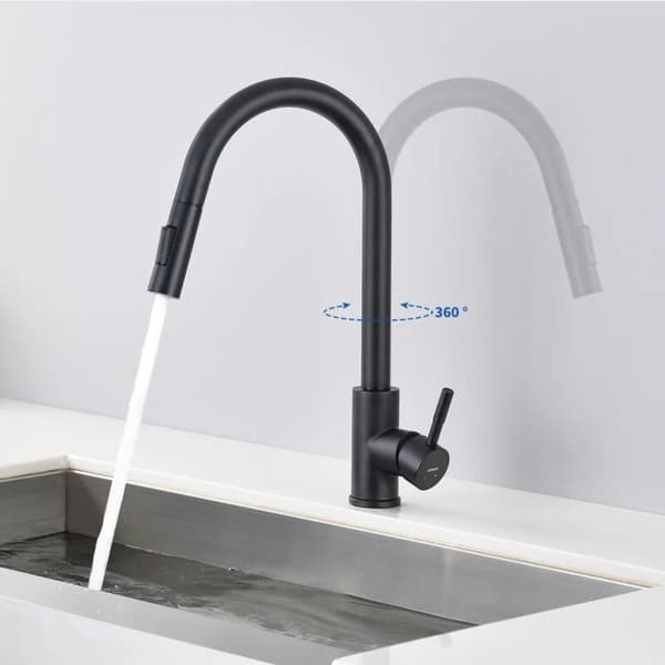 Single-Handle Kitchen Faucet with Pull-Out Spray Matte 360° Swivel Stainless Steel Kitchen Faucet 2 Functions Kitchen Faucet (Black)-FA-