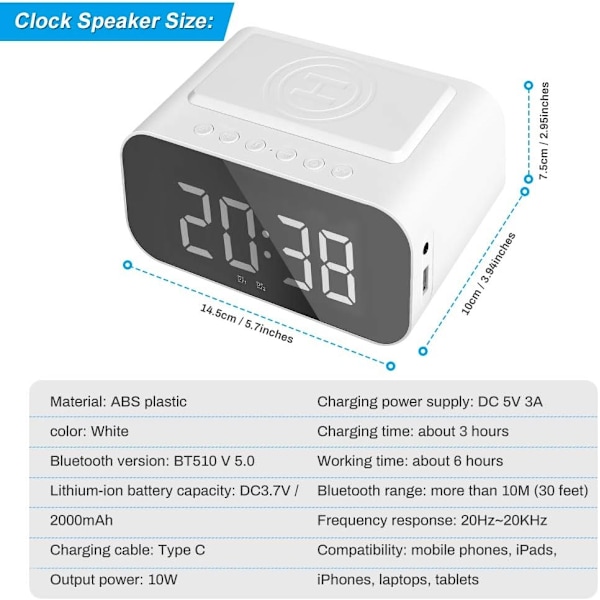 Klockradio med Bluetooth-högtalare, trådlös laddningsväckarklocka - Xin