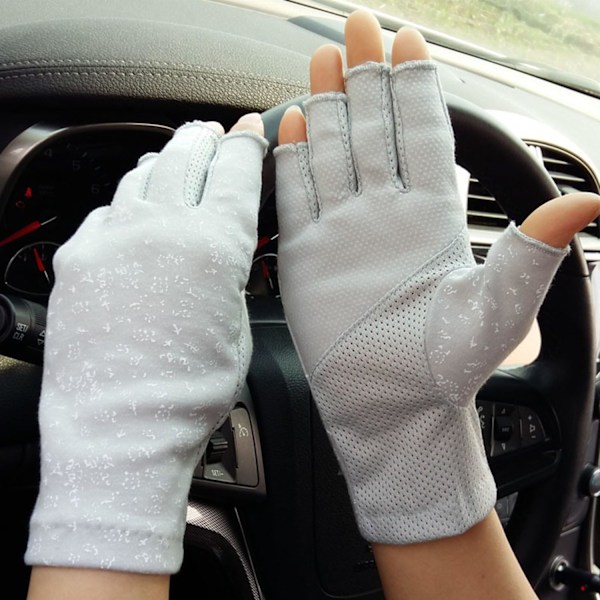 Grå, Dam Halvfingerhandskar i Bomull för Sommar, Körning, Cykling - Halksäkra, Andningsbara, Korta, Tunna, Anti-UV Solskydd Z