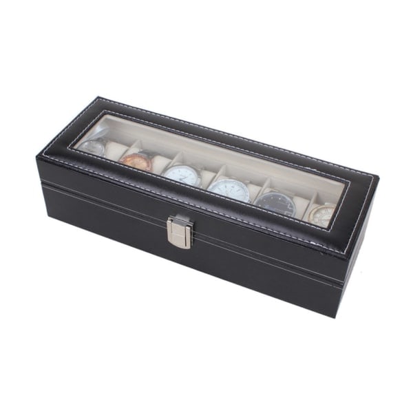 Klockbox Watchbox för 6 klockor - Svart med vita sömmar/svart