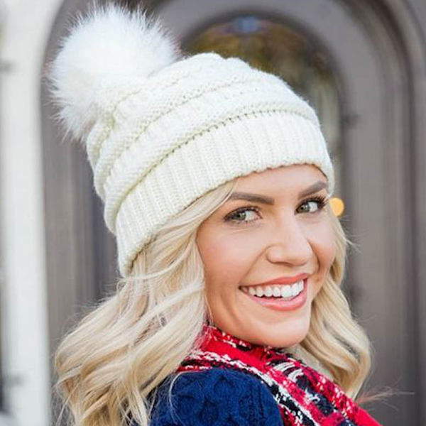 Mote retro hodeplagg kvinnelig ensfarget ullkule strikket lue white