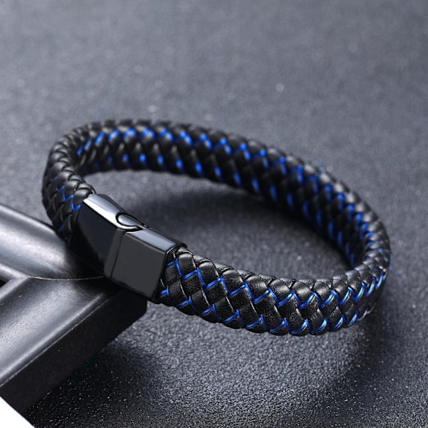 Svart armbånd i ekte lær med innflettede fargede tråder og magn Black black Black and brown
