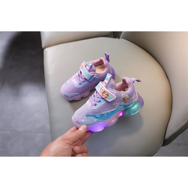 Elsa sko, prinsessesko, pigesko med lysende lys, børns LED-sneakers, drenge- og pigesko i let mesh-stof, cross-training sko, casual børnesneakers C Lilla 27 C Purple