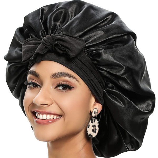 Silkki Bonnet luonnollinen kihara hiukset Nukkua Satin Bonnet black