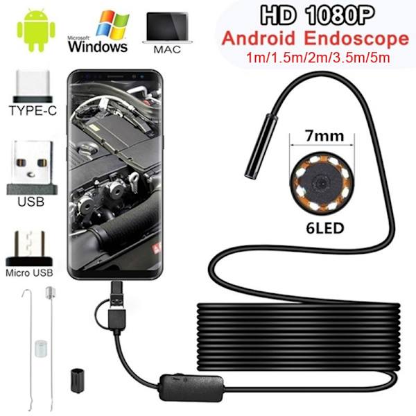 7MM 6 LED Endoskop Vanntett Borescope Inspeksjonskamera 2m