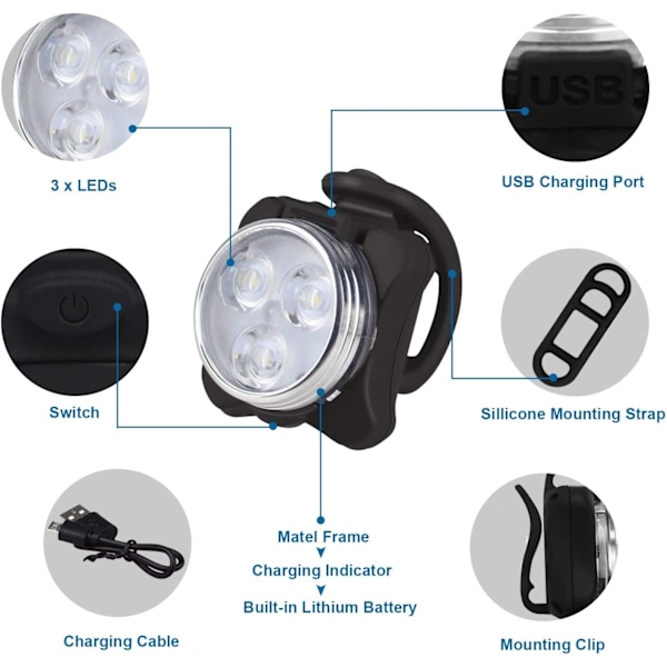 Cykellampe-sæt, superlys USB-opladelig vandtæt mountainbike-sikkerhed & nem montering LED cykel for- og baglygte