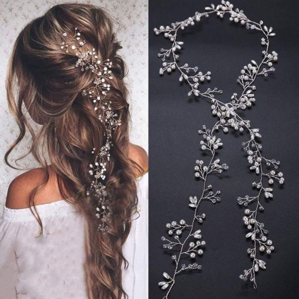 Brud Bröllop Pannband Pearl Hair Vine Braid Håraccessoarer Gold