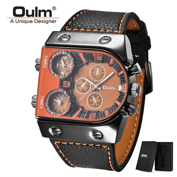 Oulm Klockor Herr Quartz Casual Läderarmband Armbandsur Sport Multi-Time Zone Militär Man Klocka C5(with box)