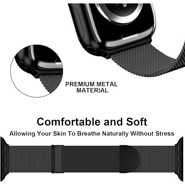 Rem til Apple Watch 41mm 40mm 38mm Dobbelt magnetisk justerbar erstatningsrem til iWatch Series 9 8 SE 7 6 5 4 3 2 1, Sort Black