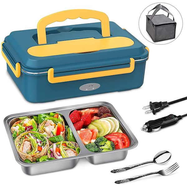 Elektrisk lunchlåda med matvärmare, snabb uppvärmning 3-i-1 bärbar mikrovågsugn 24V för bil och hem med 2 fack i rostfritt stål green