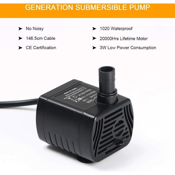 Dränkbar vattenpump, akvariepump justerbar 200L/H 3W Ultratyst Catit USB-pump för damm fisk tank fontän fisk T