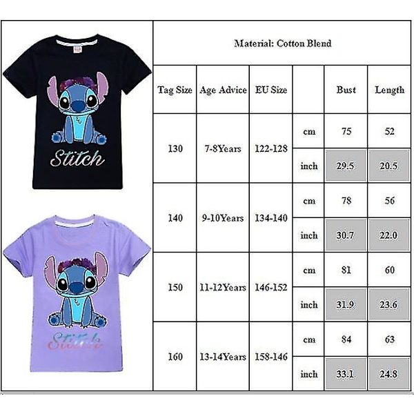 7-14 år Barn Tonåringar Pojkar Flickor Lilo And Stitch T-shirts Tryckt Sommartröjor Presenter Svart
