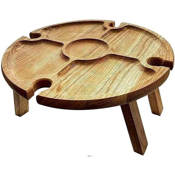 Hopfällbart picknickbord - Fällbart träbord med glashållare, rund vinglashållare, bärbart hopfällbart bord för camping och vandring MODOU