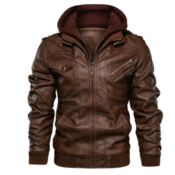 Herrer Retro Motorsykkel PU Lærjakke, Høst og Vinter Avtakbar Hetteskjorte Brun Brown XL