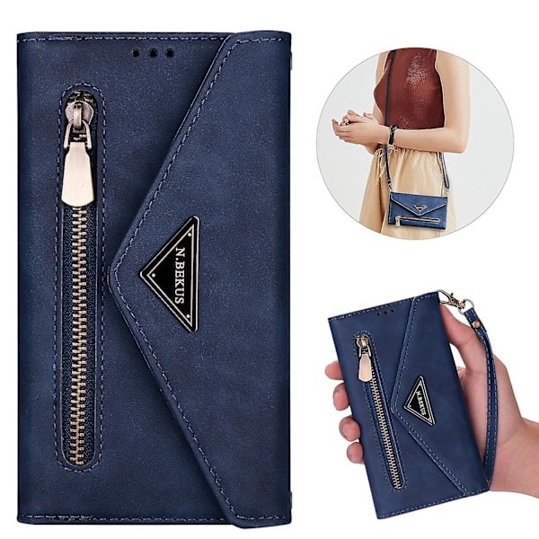 Läder Crossbody Axelrem Dragkedja Plånbok Kompatibel Samsung Galaxy S23 Ultra/s23 Plus/s23 med Korthållare Blå