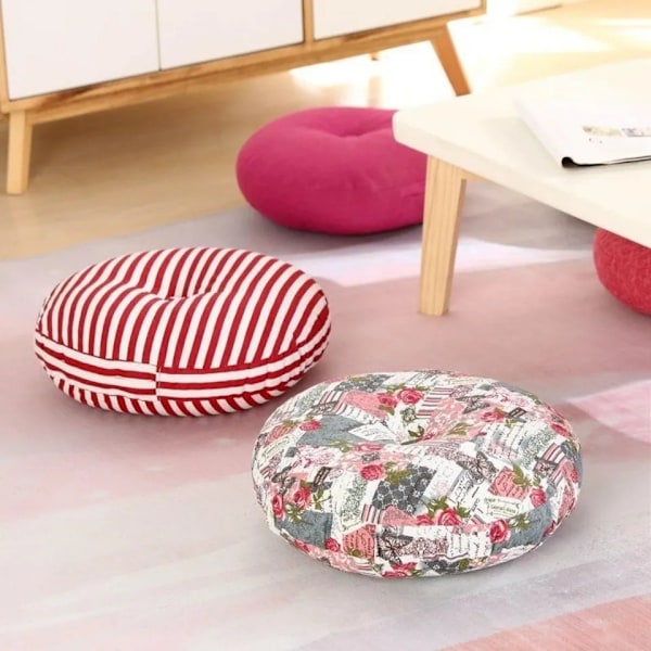 Rund sittepute, bomullslinne tatamidy, tykke myke stolpute for kontorstolputer, rød-hvit, 45 cm (18 tommer)