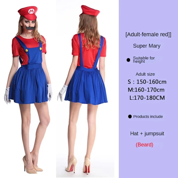 Mub- RS583 Barnas ario Klær Super ario Kostymer Halloween Cosplay Anime Kostyme Foreldre-barn Rollespill Kostyme Mario voksen kvinners rød M Mario adult women's red