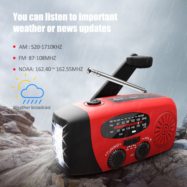 Solcellsdriven väderradio med vevfunktion och powerbank, svart black