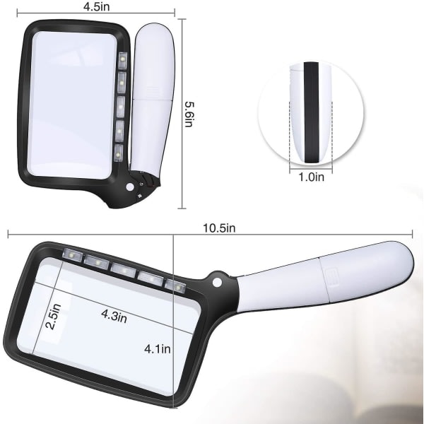 Rektangulärt förstoringsglas med 5 LED-lampor, 2 intensitetslägen och 2x förstoring