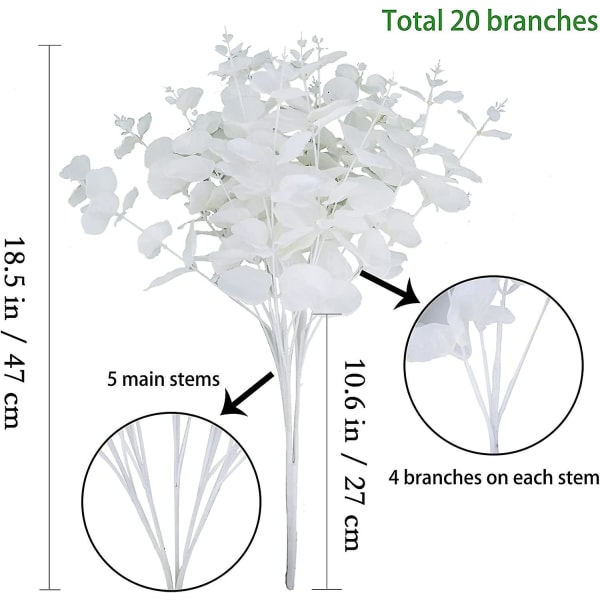 Set med 2 buketter av vita konstgjorda eukalyptusstjälkar med 20 st