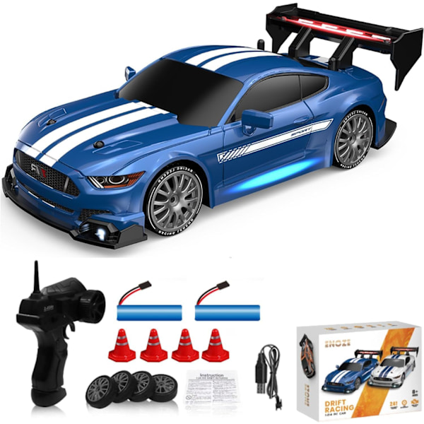 1:24 Skala RC Driftbil 4WD 2.4GHz 30KM/T Høy Hastighet Racing Sport Lekebil med LED-lamper, Racing og Drift Hjul 8602-Blå