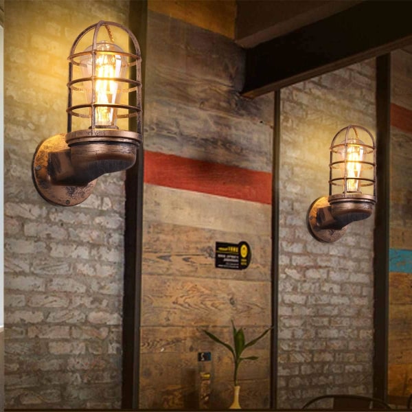 Retro vägglampa Vintage industriell belysning Rustik vägglampa Tråd Metallbur Vägglampa Inomhus Hem Retro Ljusarmatur (Rostfärg) (Utan glödlampa)