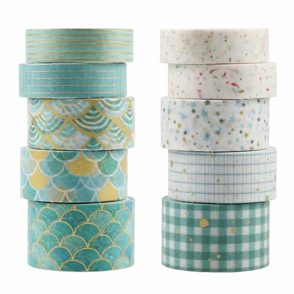 10 Rolls Washi Tape Set in 3 Sizes, Geometric Pattern Gold Foil Japanese Decorative Writable Washi Tape Set-FA-