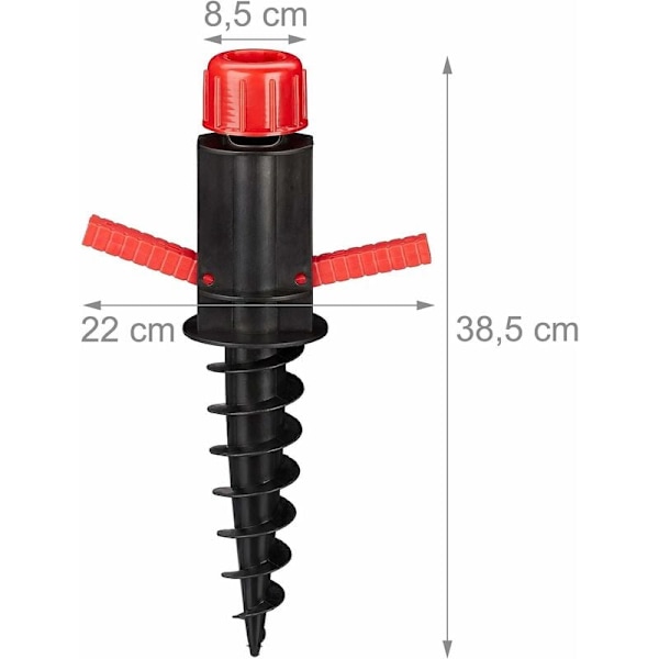 Svart parasollfot, parasollholder, skruestøtte, jordhylse, diameter 19-32 mm, camping, strand, rød